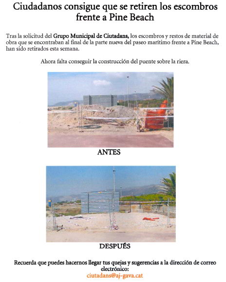 Documento distribuido por C's de Gav informando sobre la retirada de los restos de obras del paseo martimo de Gav Mar despus de su peticin (Junio de 2009)